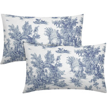 Set di 2 federe per cuscini in stile country francese, 30x50 cm, blu e bianche.