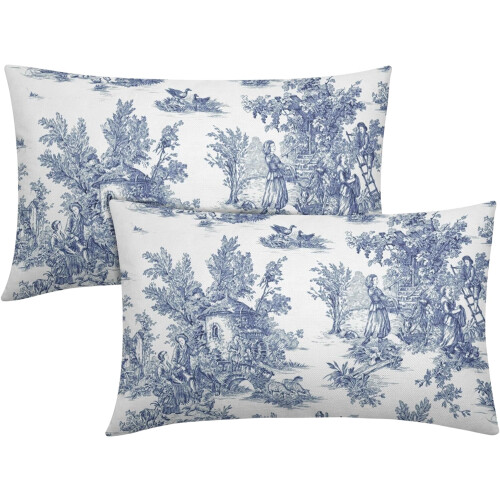 Set di 2 federe per cuscini in stile country francese, 30x50 cm, blu e bianche.
