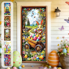 Paashaas deurdecoratie banner, kleurrijke eieren, bloemen, konijnenoren en krans, lente deurdecoratie voor binnen en buiten, feestdecoratie,