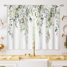 Farmhouse Eucalyptus Kitchen Curtains, Rustic Sage Green Tier Curtains for Bathroom & Dining, 26x24 in, Compatible with Standard Rods