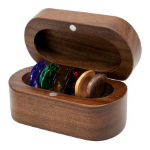 Guitar Pick Holder Set with 2 Color Wood Picks and 8 Celluloid Picks in 3 Thicknesses, Wooden Guitar Pick Case