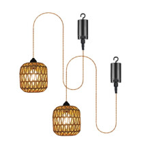 2pcs Battery Power Pendant Light Woven Rattan Pendant Light for Gazebo, Pergola, Porch, Indoor and Outdoor Decor
