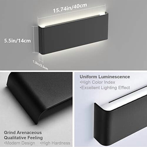 Luminária de parede moderna preta de 15,8 polegadas com LED para iluminação de cima e de baixo, ideal para banheiros (luz branca 5000K). 2