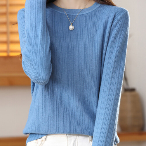 Damenpullover Herbst Winter Freizeit Langarm Rundhalsausschnitt Unifarbenes Oberteil Wärmend Bequemer Pullover (Hellblau Nr. 5, M) 2