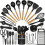 Set di utensili da cucina in silicone con supporto, 34 pezzi, nero e legno 1