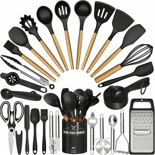 Set di utensili da cucina in silicone con supporto, 34 pezzi, nero e legno