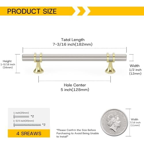 Cabinet Handles and Knobs Brushed Nickel Gold 2-Pack 5 Inch 1