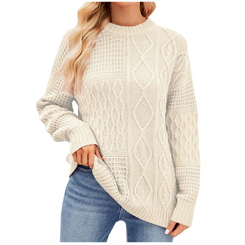 VERUGU Damenpullover Winter Einfarbig Rundhals Langarm Strickpullover Weiß Größe
