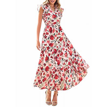 Damklänning med blommigt tryck, lång ärm, V-ringning, volang, boho, casual, strand, semesterklänningar, 2025, sommar, blommig, midiklänning