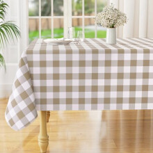 Rectangle Waterproof Vinyl Tablecloth, Buffalo Flannel Backed, Wipeable Plastic Cover for Dining/Kitchen/Outdoor (60"x84", Khaki/White)