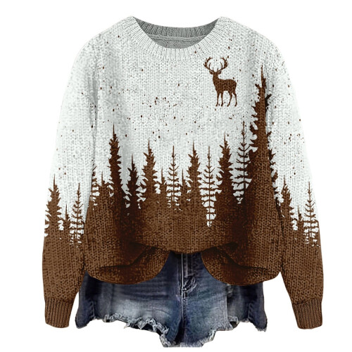 Damen-Pullover, Rundhalsausschnitt, lange Ärmel, Oversize-Schnitt, Herbstpullover, Braun, XL