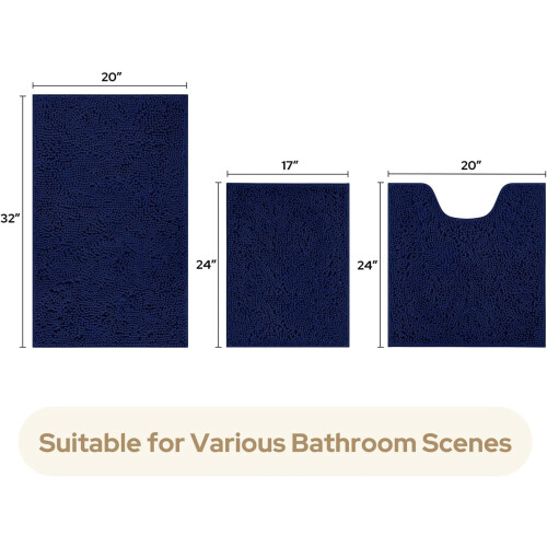 Ensemble de tapis de bain 3 pièces en chenille bleu marine 2