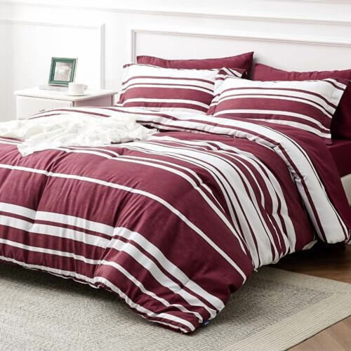 Burgundy Striped Twin Comforter Set 5-Piece