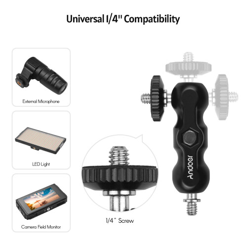 Suporte de câmera com cabeça esférica e rosca de 1/4" para LED, suporte de câmera com rosca de 1/4" com LED, suporte de vídeo com cabeça 2