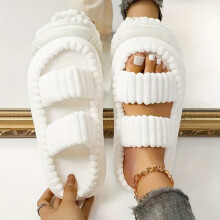 Pantoufles d'intérieur à double bride pour femmes, en peluche, couleur unie, bout ouvert, antidérapantes et confortables, pantoufles à plateforme
