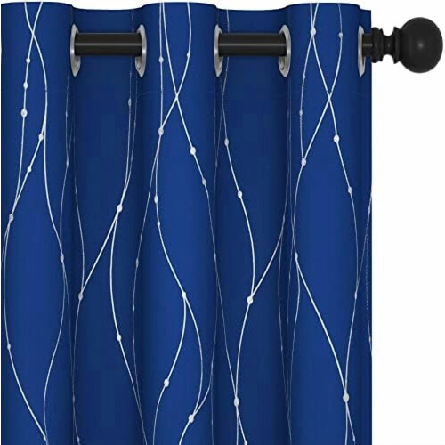 Blackout Curtains Royal Blue Wave Dot Silver Print 38x90