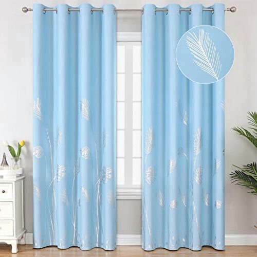 Sky Blue Blackout Curtains with Silver Palm Pattern,