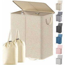 Double Laundry Hamper with Lid & Removable Bags, 136L Collapsible 2-Section Basket with Handles – Beige