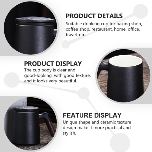 1Set Ceramic Filter Mug Unique Shape Black Office Tea Cup With Lid 400ML 1