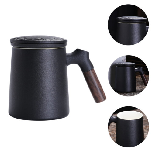 1Set Ceramic Filter Mug Unique Shape Black Office Tea Cup With Lid 400ML 2