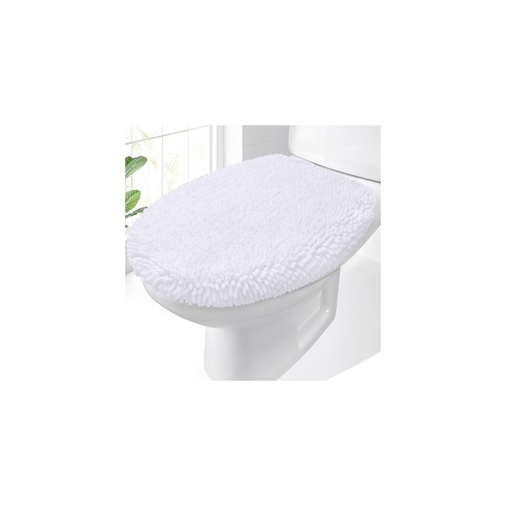 Soft Chenille Toilet Lid Cover, Machine Washable, 17.5X15", Rubber Backing, Fits Round/Elongated/Oblong Lids, White 9180479243687