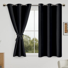 Black Blackout Curtains with Tiebacks – Thermal, Light-Blocking, Grommet, 38x45", Set of 2
