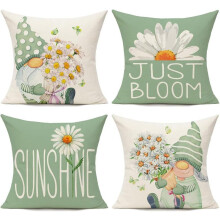 Outdoor Throw Pillow Covers 18x18, Set of 4, Daisy Floral & Gnomes Design – Compatible with Patio, Couch, Chair, Sofa