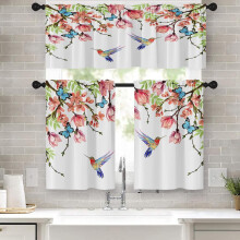 Flower Bird Kitchen Curtains Set of 3 – Spring Butterfly Watercolor Pink Botanical Tier & Valance, 54"x24", Cafe Style