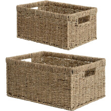 Round Paper Rope Storage Baskets, Rectangular Wicker Baskets with Built-in Handles, Medium, 2-Pack