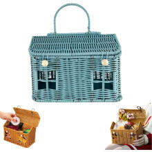 Handmade Rattan House-Shaped Picnic Basket with Handle & Lid, Vintage Woven Portable Garden Harvest Basket for Picnic/Easter