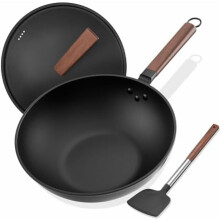 Wok din oțel carbon, 33 cm, pre-condimentat, antiaderent, cu capac și spatulă, fund plat, ideal pentru gătit pe aragaz
