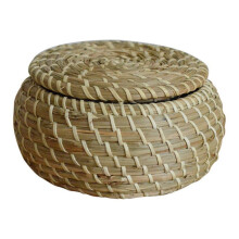 Mini Straw Hand Woven Storage Baskets with Lids Wicker Baskets Round Small Seagrass Box Desktop Storage Basket