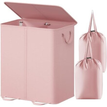 Double Laundry Hamper with Lid & Removable Bags, 155L Collapsible 2-Section Basket with Handles, Pink – Compatible with Bedroom, Laundry Room,