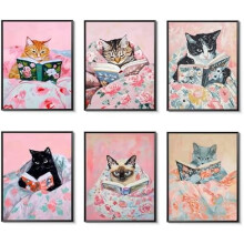 Ensemble de 6 affiches « Chat mignon en train de lire », toiles 30 x 40 cm sans cadre – Décoration amusante sur le thème des chats noirs