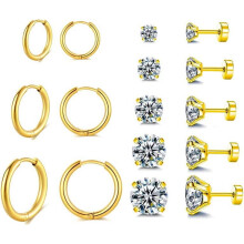 8 Pairs 316L Stainless Steel Flat Back Stud Earrings Lightweight Small Hoop Earrings Set for Women Men, Gold