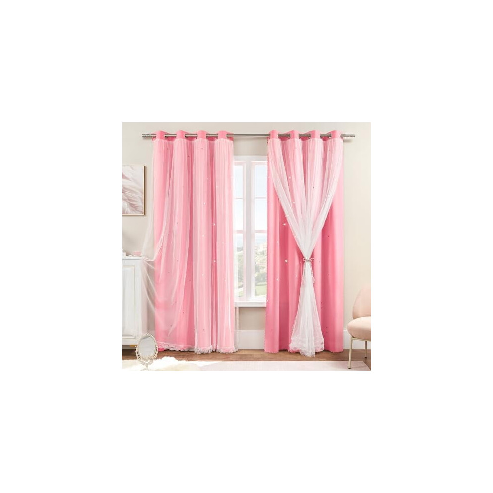 96" Grommet Curtains For Girls' Bedroom – Double Layer, Privacy & Darkening, Sheer Overlay, Compatible With Standard Rods Pink