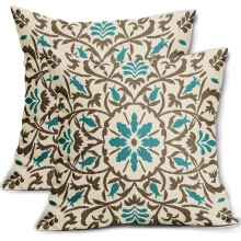 Braun-türkisfarbene Boho-Kissenbezüge aus Leinen, 45 x 45 cm, 2er-Set