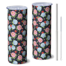 Gobelet isotherme Pioneer Flower Floral 590 ml avec paille et couvercle – Double paroi isolée sous vide, étanche, compatible avec les