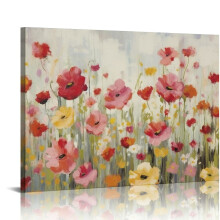 Mohnblumen-Wandbild – Farbenfroher Leinwanddruck mit Blütenmotiv, modernes rosa-gelbes Blumenlandschaftsmotiv, gerahmt, 20 x 16 Zoll / 16 x 12 Zoll