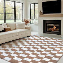Beige and White Checkered Shag Rug 5x7 Feet