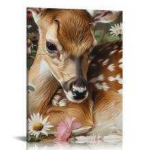 Wall art prints Deer sleeping on flowers Spring woodland Animal painting Living room and bedroom Office decoration Canvas painting 12x16in