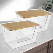 Lot de 2 bacs de rangement transparents empilables avec couvercle, poignées et ouverture frontale – Compatibles avec les distributeurs de sacs