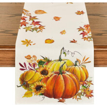 Camino de mesa otoñal con diseño de calabaza y hoja de arce, estampado a cuadros naranjas, 33 x 183 cm, decoración otoñal para cocina y comedor.
