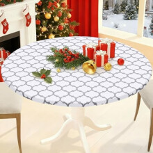 Kulatý nepromokavý elastický ubrus, 45-61 cm, vinyl s flanelovou podložkou, omyvatelný, pro použití uvnitř/venku/kempování, bílý a tmavě