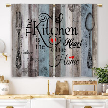 Rustic Daisy Vase Floral Kitchen Curtains, Green Wooden Farmhouse Short Cafe Tier Curtains (27.5x36"), Compatible with Country & Inspirational