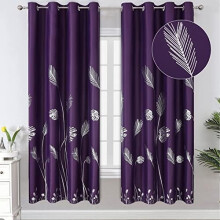 Purple Blackout Curtains 52x72in, Silver Palm Tree Pattern, Room Darkening & Thermal Insulated, 2 Panels, Compatible with Standard Rods
