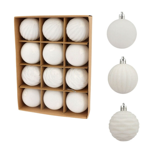 Vit sammet flockad julgranskulor 12 st 60 mm