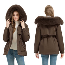 Parka acolchada para mujer con capucha de piel sintética, cremallera y bolsillos – Color café, talla XL, ideal para el invierno.