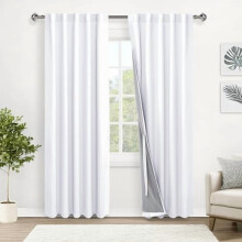 White & Black Thermal Blackout Curtains with Tiebacks, Rod Pocket & Back Tab, 38x84", Set of 2, compatible with standard rods
