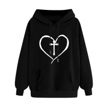 Sweat à capuche à cordon de serrage avec motif cœur pour femme, col rond, style athleisure, idéal pour la Saint-Valentin, noir, XL